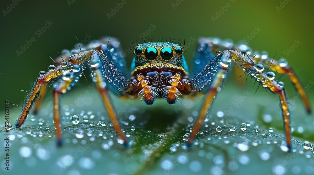 Fototapeta premium Vibrant Jumping Spider on Dew-Covered Leaf