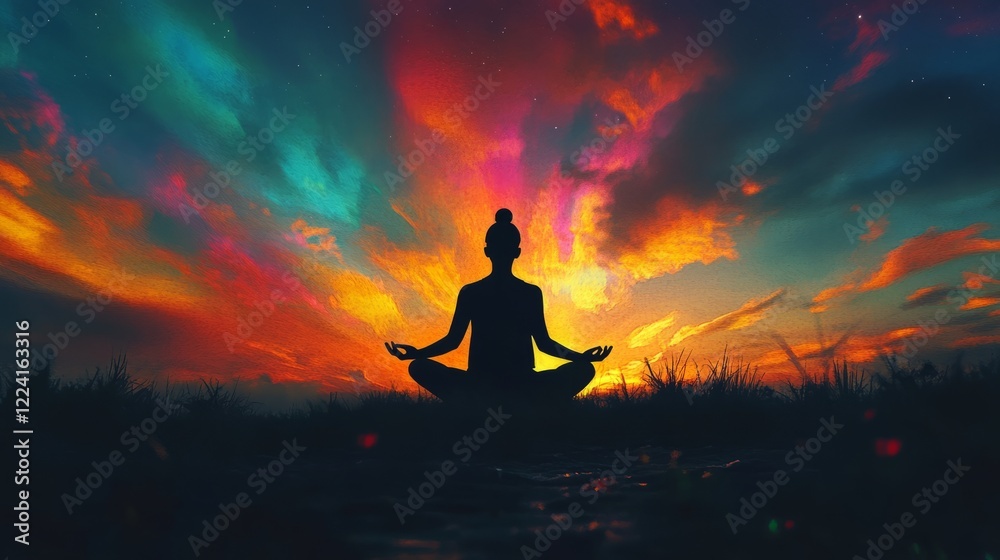 A person is sitting in a field with a sunset in the background A person is sitting in a field with a sunset in the background