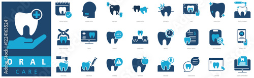 ORAL CARE ICON SET with dental checkup, wisdom tooth, bacteria, wisdom tooth, toothache, x ray, clean tooth, dental cleaning, dental care and tooth extraction