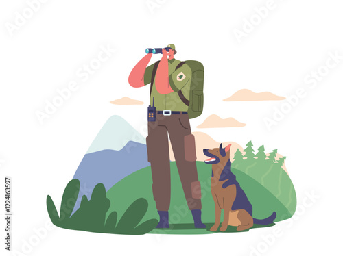 Ranger Forester Character Observes Through Binoculars, Scanning The Forest For Signs Of Wildlife Vector Illustration