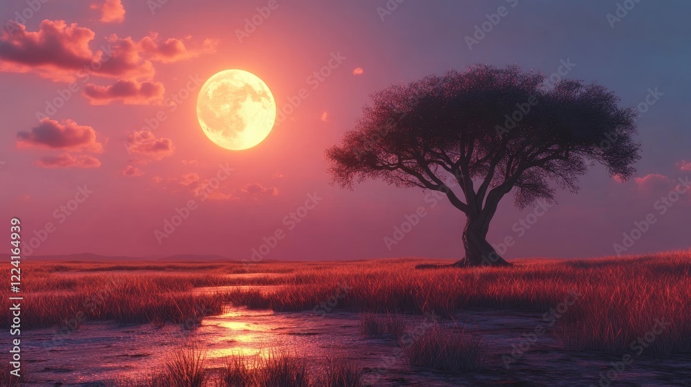 Obraz premium Peaceful African savanna at sunset, with the glowing moon illuminating a solitary acacia tree, creating a tranquil and majestic landscape