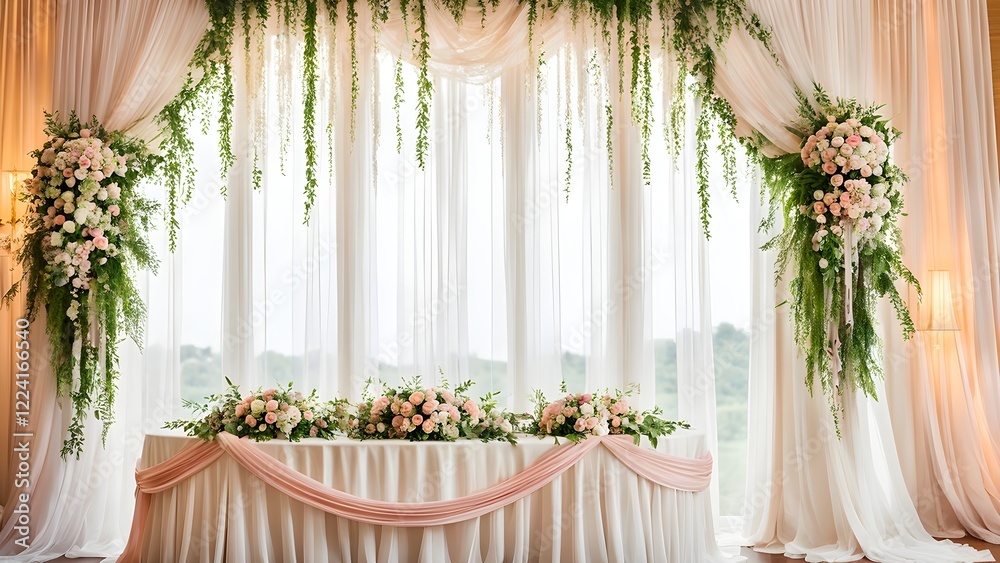 Elegant wedding sweetheart table setup with flowing drapes, lush greenery, and pastel floral arrangements in front of a large window.