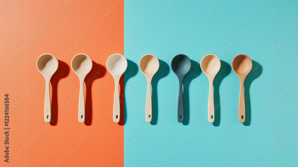 Row of wooden spoons on vibrant orange and blue background Row of wooden spoons on vibrant orange and blue background