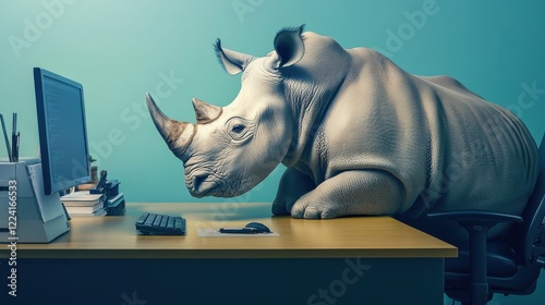 Rhino at Work: A Hilarious Digital Age Paradox  A large rhino sits at a desk using a computer, creating a humorous juxtaposition of wild animal and modern office life.