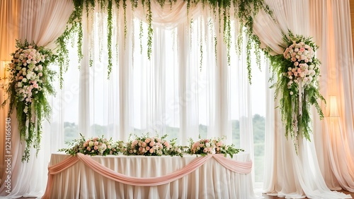 Obraz na płótnie Elegant wedding sweetheart table setup with flowing drapes, lush greenery, and pastel floral arrangements in front of a large window. w salonie