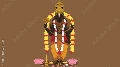 Lord Balaji (Venkateswara Swami) with Floral Decorations and Sacred Offerings