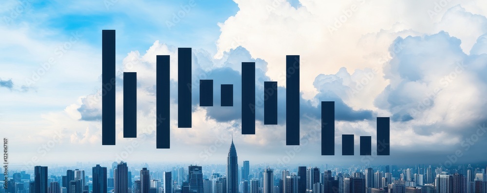 Fototapeta premium A city skyline under a cloudy sky, with abstract vertical bars overlaying it, suggesting themes of finance and growth.