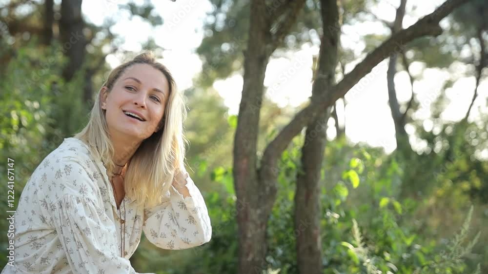 Joyful woman resting among lush trees and bright greenery under a warm, inviting sunny sky Joyful woman resting among lush trees and bright greenery under a warm, inviting sunny sky