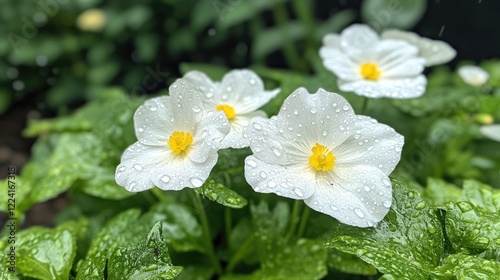 Soft raindrops glistening on white petals with yellow centers, framed by natural greenery, showcasing the beauty and freshness of a garden after rainfall