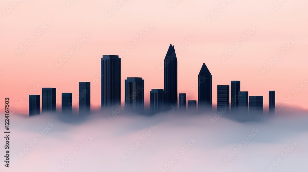 A silhouette of skyscrapers rises above a foggy landscape, bathed in soft pastel hues of sunrise. A silhouette of skyscrapers rises above a foggy landscape, bathed in soft pastel hues of sunrise.