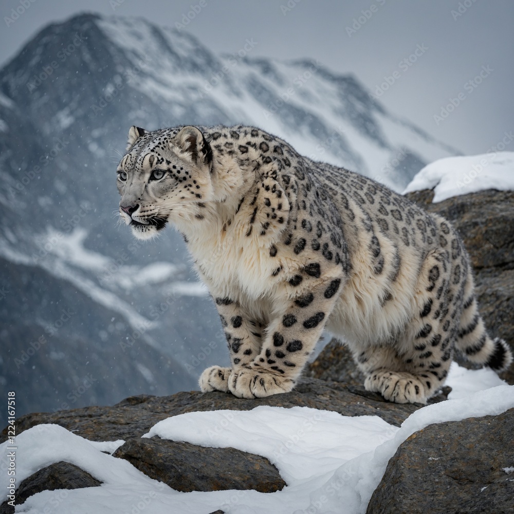 Fototapeta premium A snow leopard gracefully climbing a rocky, snowy ledge toward the summit.