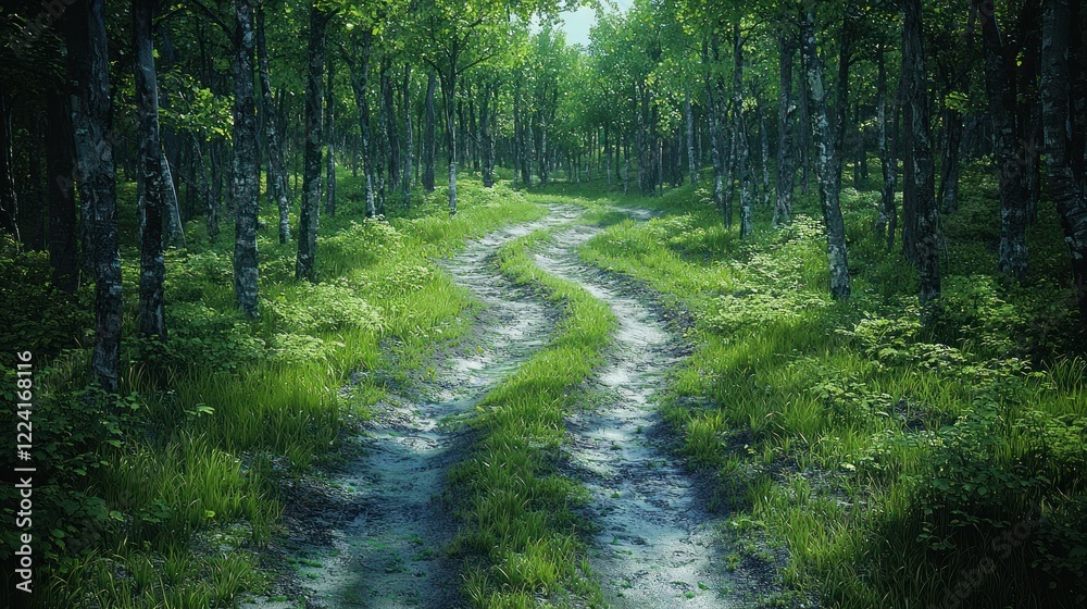 Fototapeta premium Serene Forest Path: A Digital Painting of a Winding Trail Through Lush Greenery