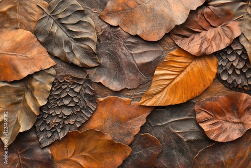 A rustic composition of layered brown leaves, each displaying unique textures and patterns.