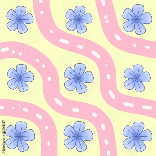 A seamless pattern featuring delicate blue flowers on a pale yellow background.