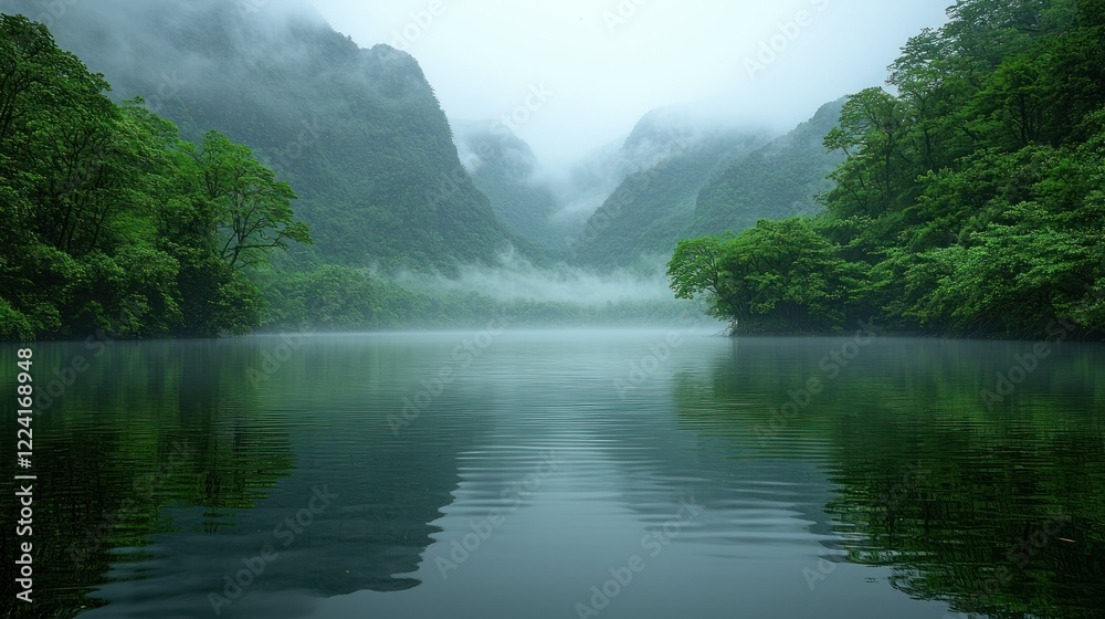 Naklejka premium Serene Misty Mountain Lake in Lush Green Foliage