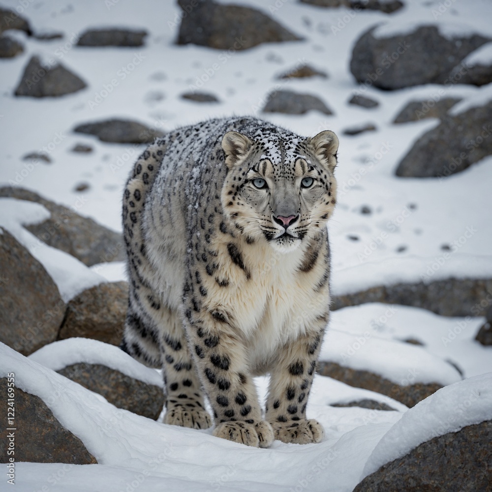 Obraz premium A snow leopard appearing almost camouflaged in a snow-covered boulder field.