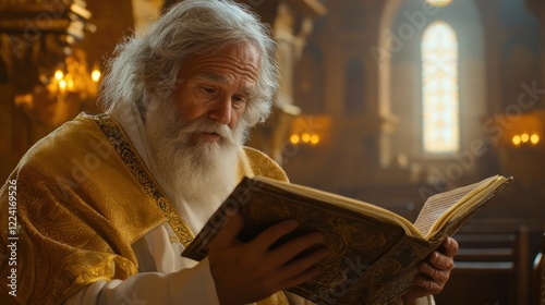 Elderly priest reading ancient book in church
