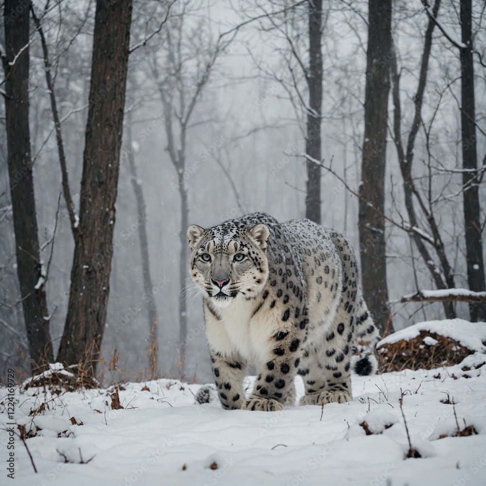 Obraz premium A snow leopard walking through a winter forest under a pale white sky.