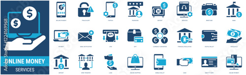 Online Money Services Icon set with payment,bank,briefcase,services,deposit,password,fintech,fraud alert,secure payment,email notification,gift,atm,currency converter and financial regulation