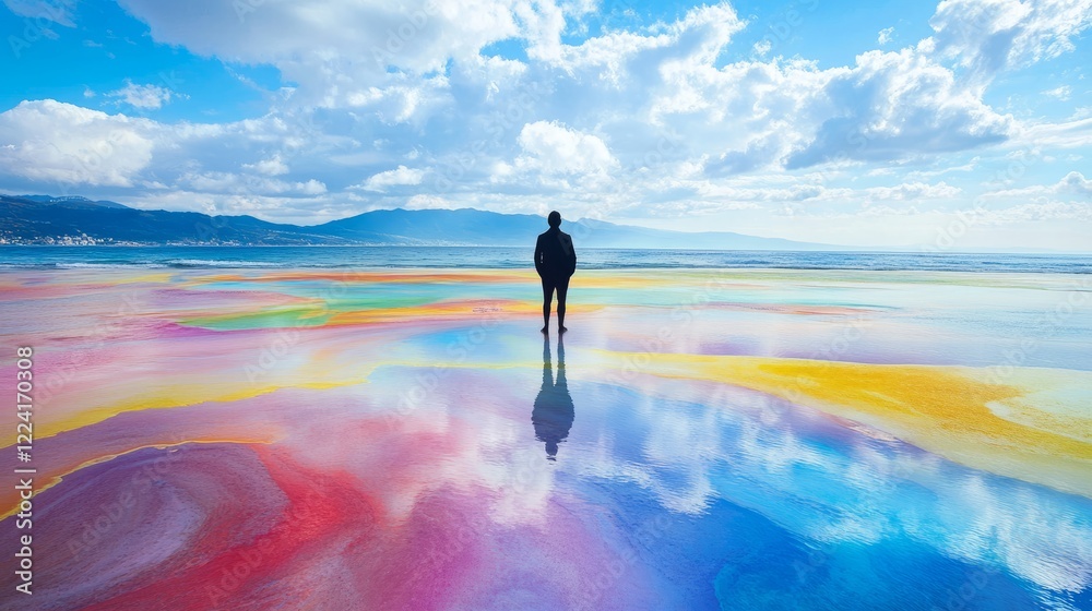 A man stands on a beach with a colorful ocean A man stands on a beach with a colorful ocean
