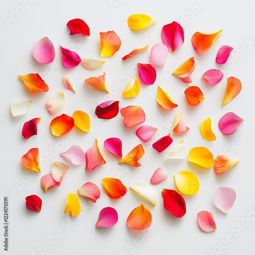 Flat lay of scattered multicolored rose petals in shades of pink, yellow, red, and white on a white background, creating a minimalist and cheerful botanical composition