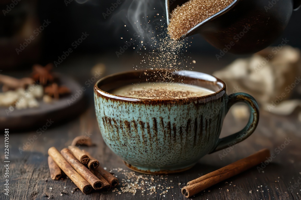 A rustic setup with brown sugar being added to coffee in a ceramic mug, with cinnamon sticks on the side.