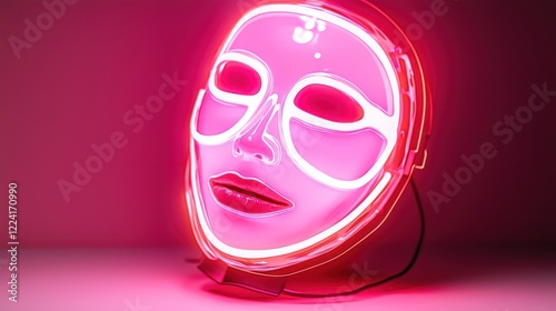 Pink LED face mask glowing, beauty treatment, studio shot, pink background photo