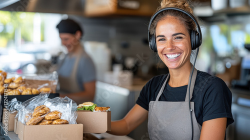 cheerful cashier wearing headset assists customers with smile