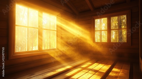 Wooden sauna with golden sunlight pouring through small windows  creating a peaceful ambiance and enhancing the feeling of wellness and relaxation