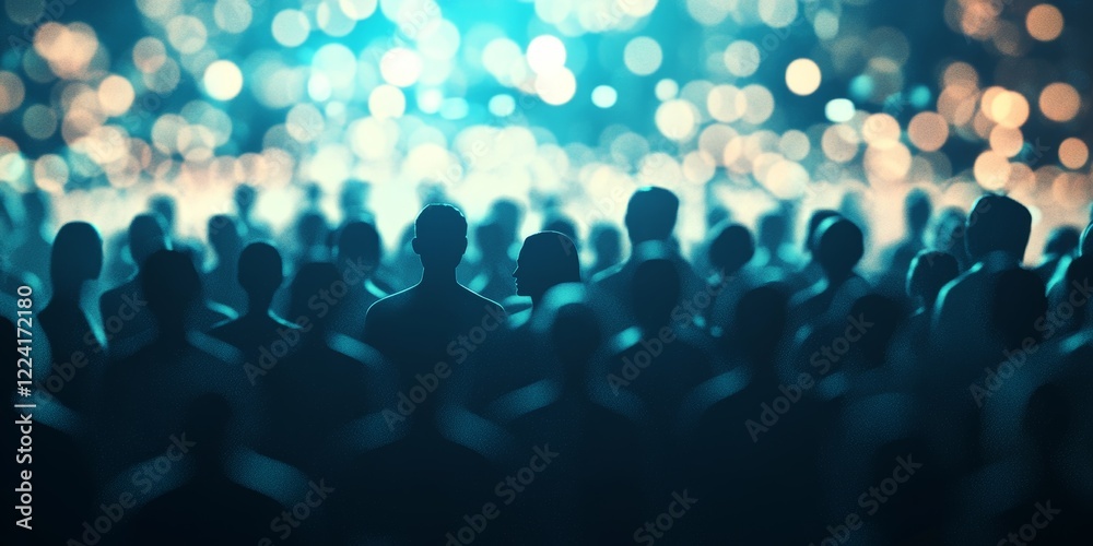 Obraz premium A crowd of people are gathered in a large room, with a blue and white background