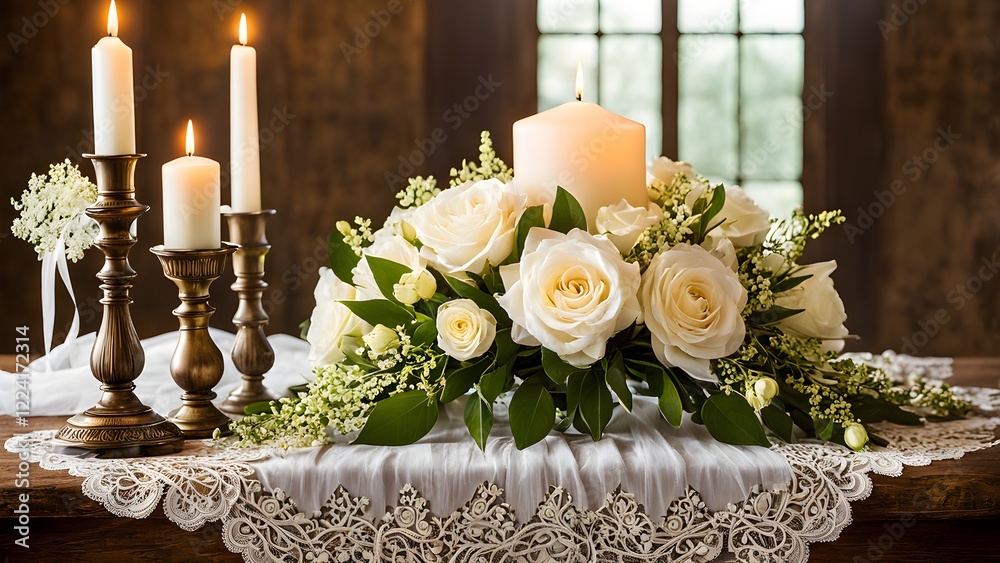 Obraz premium Elegant ivory roses and lit candles arranged on a rustic wooden table with lace runner, perfect for wedding or romantic themes.