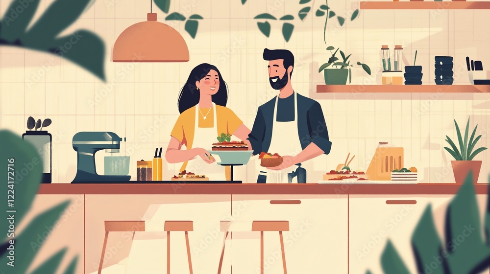 Fototapeta premium Delightful Kitchen Scene: Couple Baking Together with a Warm and Cozy Vibe