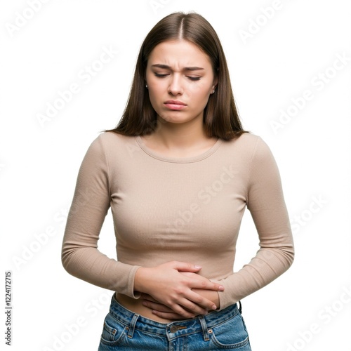woman is having stomach ache . menstruation ,  with a face of pain . ai generative 