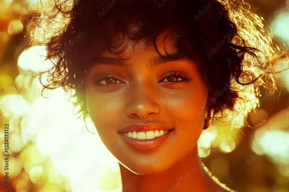Fototapeta premium Short haircut - curly hair. Commercial marketing picture. Lovely smiling black girl - for ads, way poster and web promotion use. African american model art. Stylish black woman portraiture.