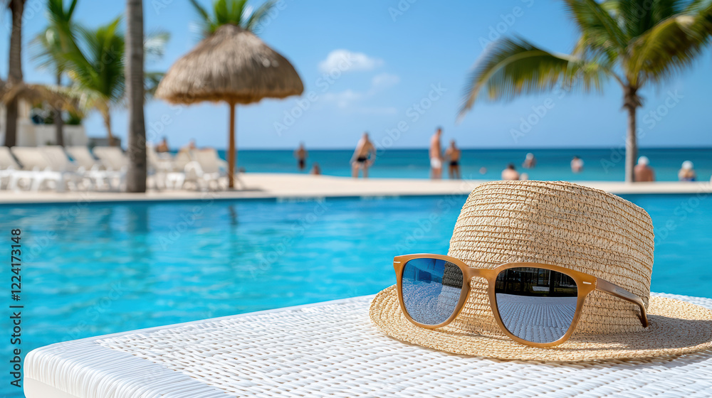 Obraz premium close up of sunglasses and beach hat on poolside, evoking relaxation