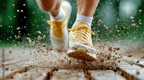 Running shoes hitting ground, kicking up dirt and dust in motion photo