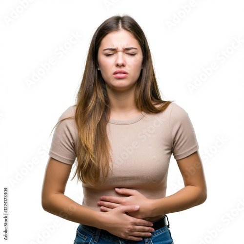 woman is having stomach ache . menstruation ,  with a face of pain . ai generative 