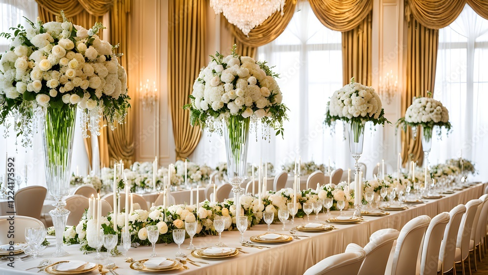 Elegant wedding reception table setting with tall white floral arrangements, gold chargers, and white candles in a luxurious ballroom.