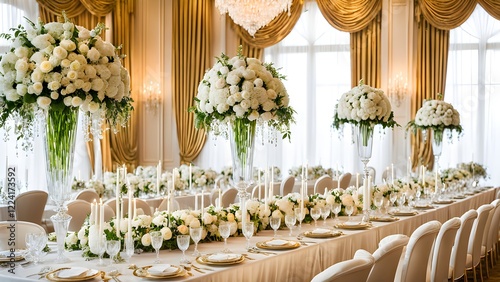 Obraz na płótnie Elegant wedding reception table setting with tall white floral arrangements, gold chargers, and white candles in a luxurious ballroom. w salonie
