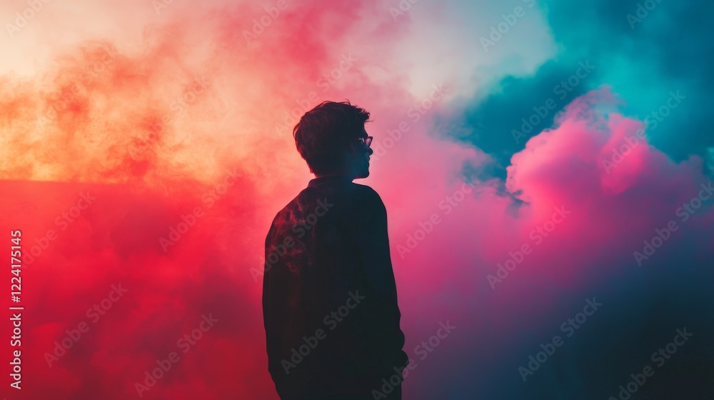 Silhouette of a man standing in front of a vibrant colorful smoke background. Silhouette of a man standing in front of a vibrant colorful smoke background.