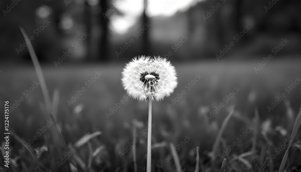 Fototapeta premium Single Dandelion Seed Head in Black and White Photography