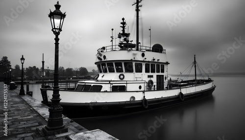 Monochrome Ship at Dock Peaceful Harbor Scene