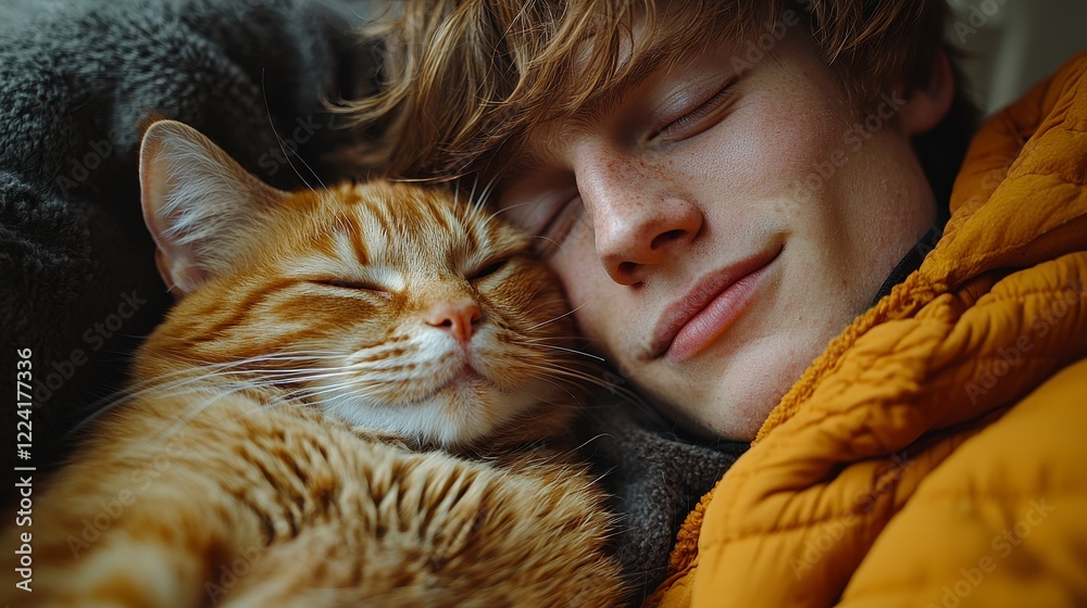 Teenager and ginger cat napping indoors Teenager and ginger cat napping indoors