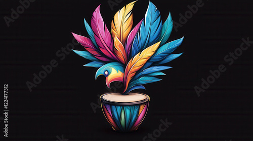 vibrant logo design featuring colorful feathers and parrot emerging from drum, symbolizing creativity and entertainment photo