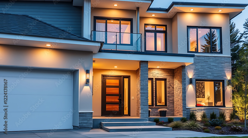 Obraz premium Luxury Modern Home Exterior at Night. Contemporary Architectural Design, Stunning Facade, Illuminated Windows, and Elegant Entrance. Real Estate Photography
