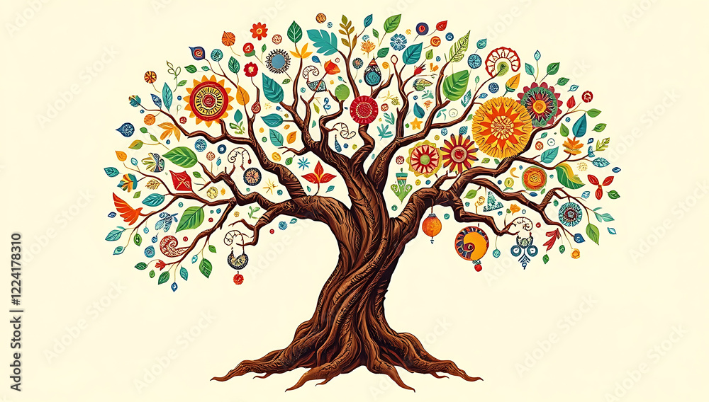 Fototapeta premium An abstract tree with branches extending into patterns, symbols, and colors from different cultures, representing the growth and richness of multicultural societies.