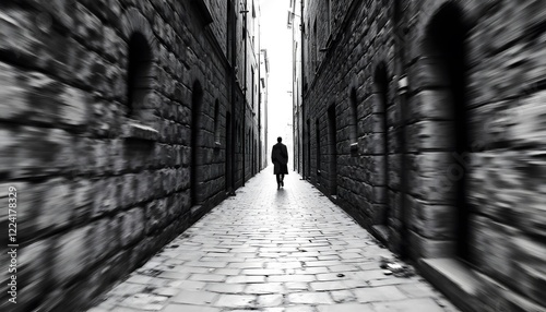 Man Walking Alone Down Cobblestone Alleyway in Black and White