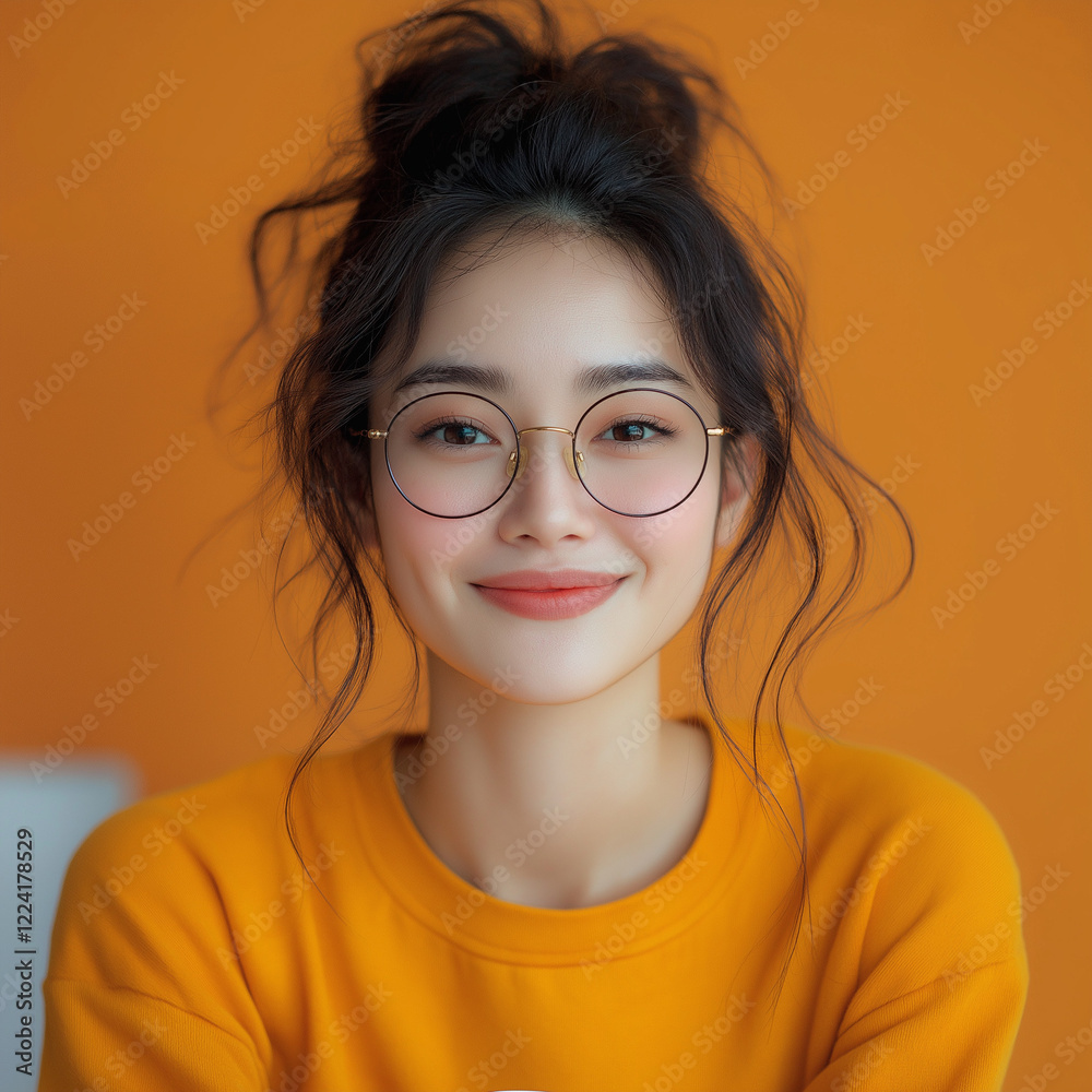 Fototapeta premium Beautiful joyful young woman asian Smiling woman spectacles Put Wear t-shirt in an autumn day orange background