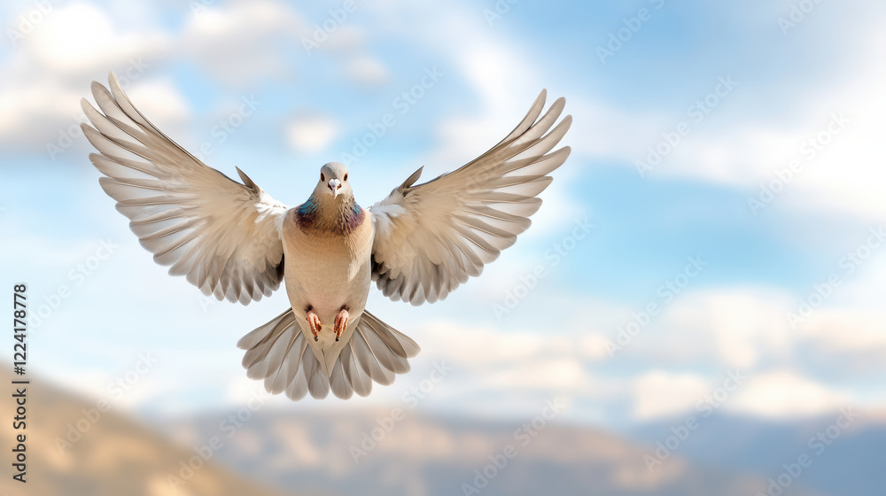 pigeon in mid flight with wings spread wide against blue sky pigeon in mid flight with wings spread wide against blue sky