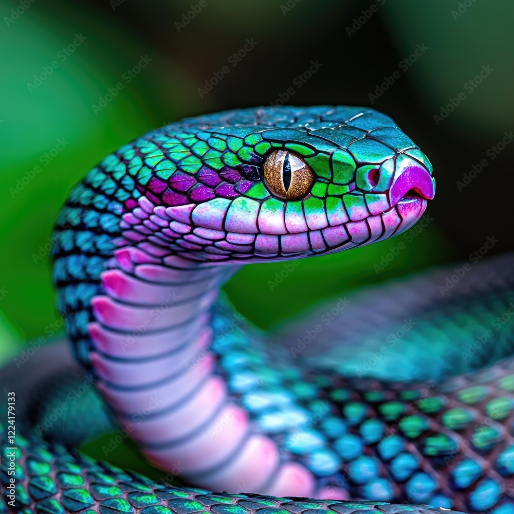 Fototapeta premium Vibrant Colorful Snake with Iridescent Scales in Natural Habitat